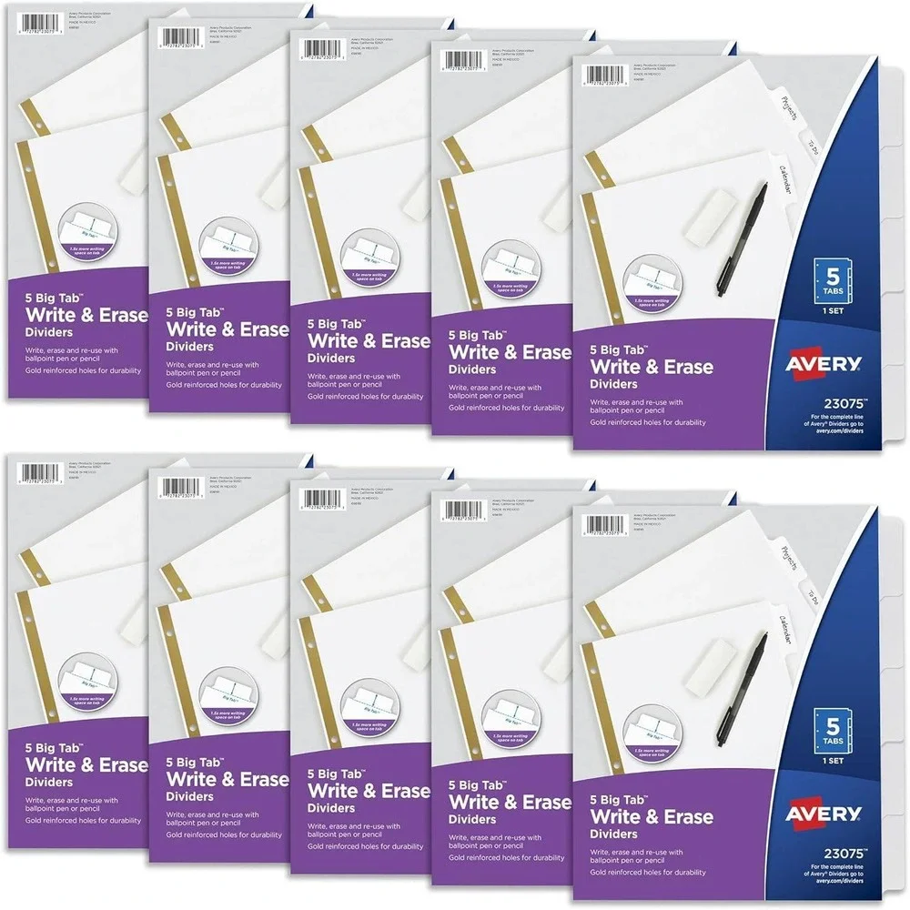 Avery 23075 Big Tab Write & Erase Dividers 5-Tab White 10 Sets Bulk Pack